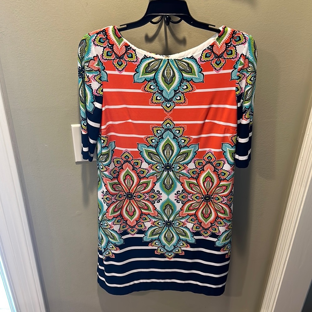 EUC Eliza J Sz 10 Shift Sheath Dress Blue Orange Stripe Short Sleeve